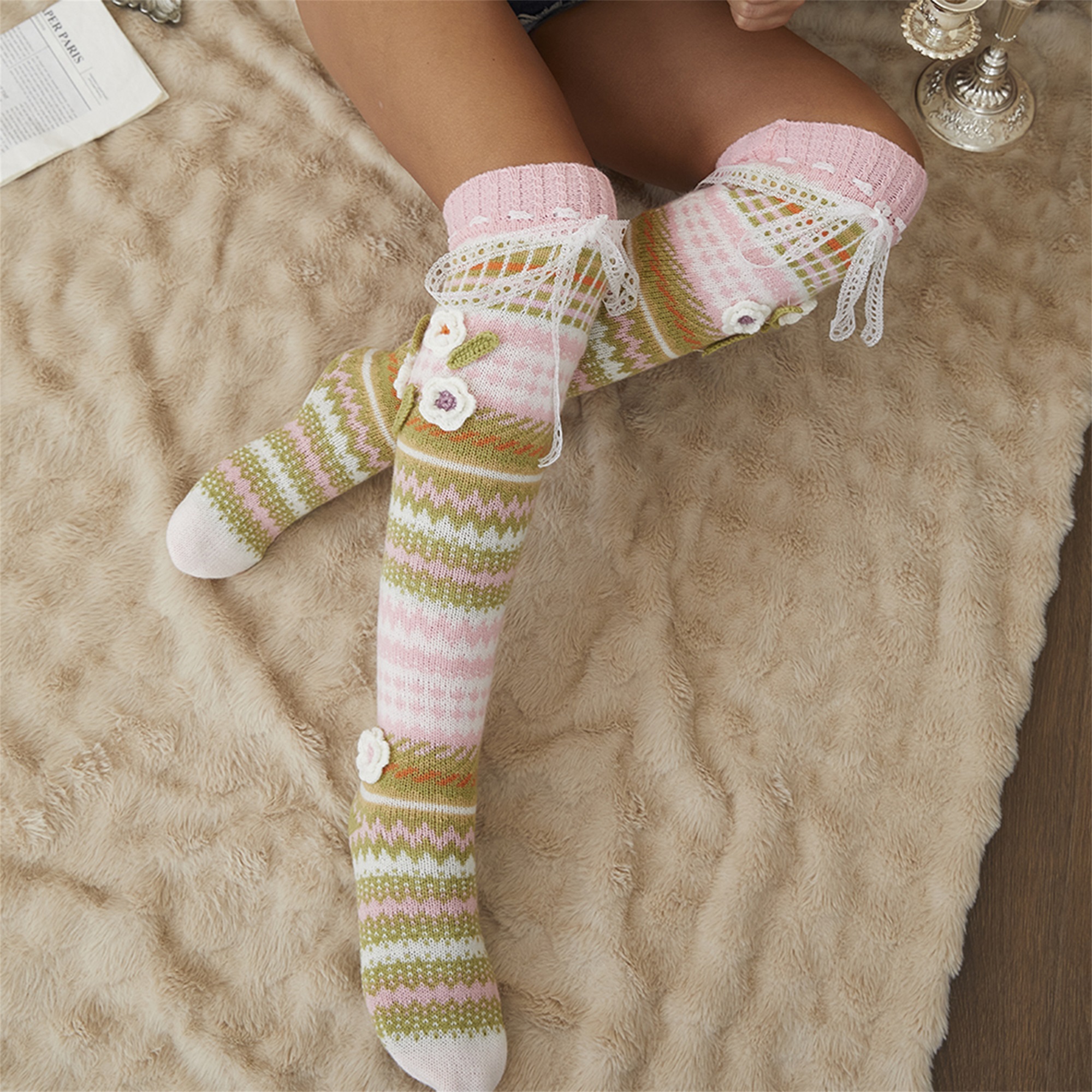 Elegant Crochet Lace Thigh Hig - Silk Sock Bamboo บทวิจารณ์และราคา